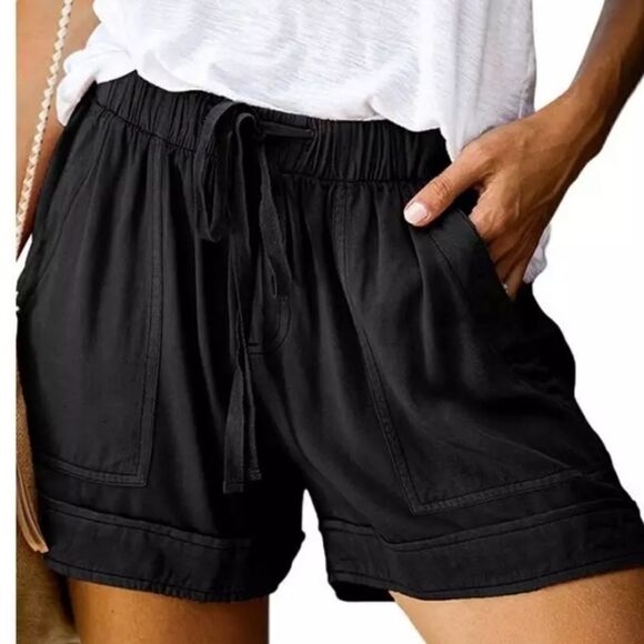 🔥Drawstring Black Shorts with Pockets - Picture 1 of 3